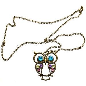 Vintage Bronze Owl Pendant Necklace – Blue Pink Green Rhinestone Eyes Boho Jewel
